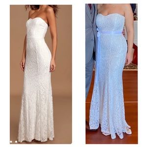 Lulu’s Always Be There white lace strapless mermaid wedding dress